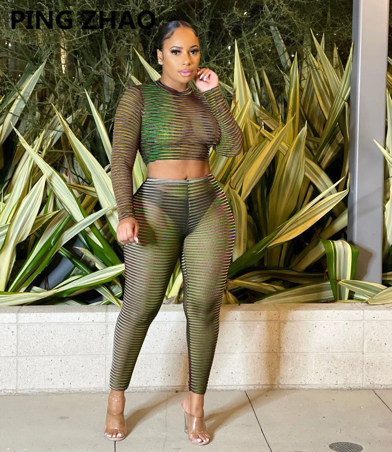 

PING ZHAO 2 Piece Set Spring Women Long Sleeve Crop Tops and Leggings Pants Matching Sets Sexy Club Outfits