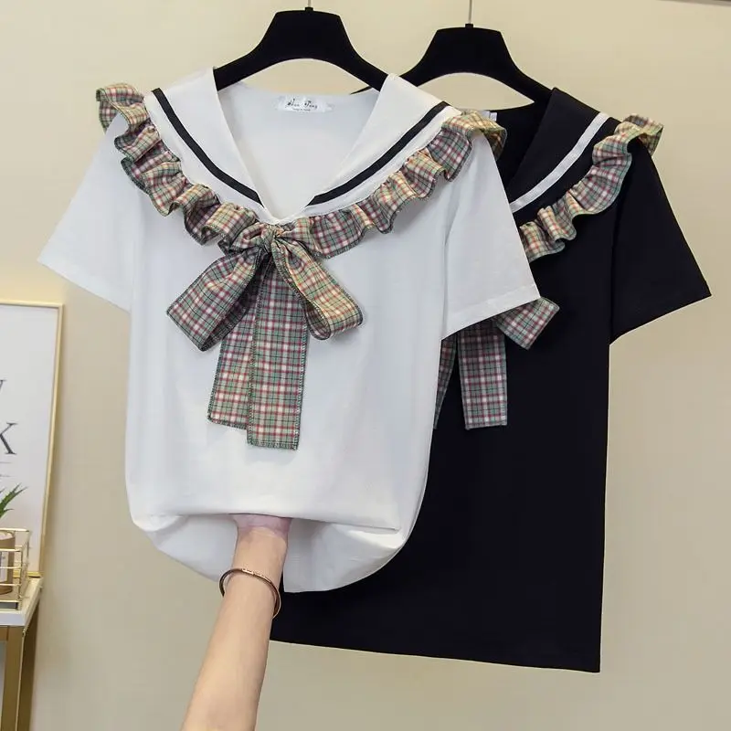 

Women Chic Japanese Student Style Kawaii Sweet T-shirt Summer Short Sleeve Crop Top Female Pullovers Solid Bow Tees