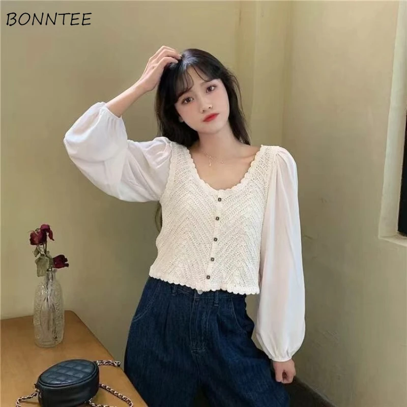 

Shirts Women Hollow Out Loose Comfortable All-match Ulzzang Single Breasted Knitted Long Sleeve Spring Autumn Simple Sweet Girls