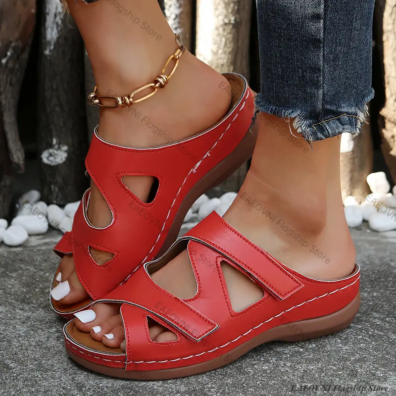 2023 Summer Women Wedge Sandals Premium Orthopedic Open Toe Sandals Vintage Anti-slip Leather Casual Female Platform Retro Shoes