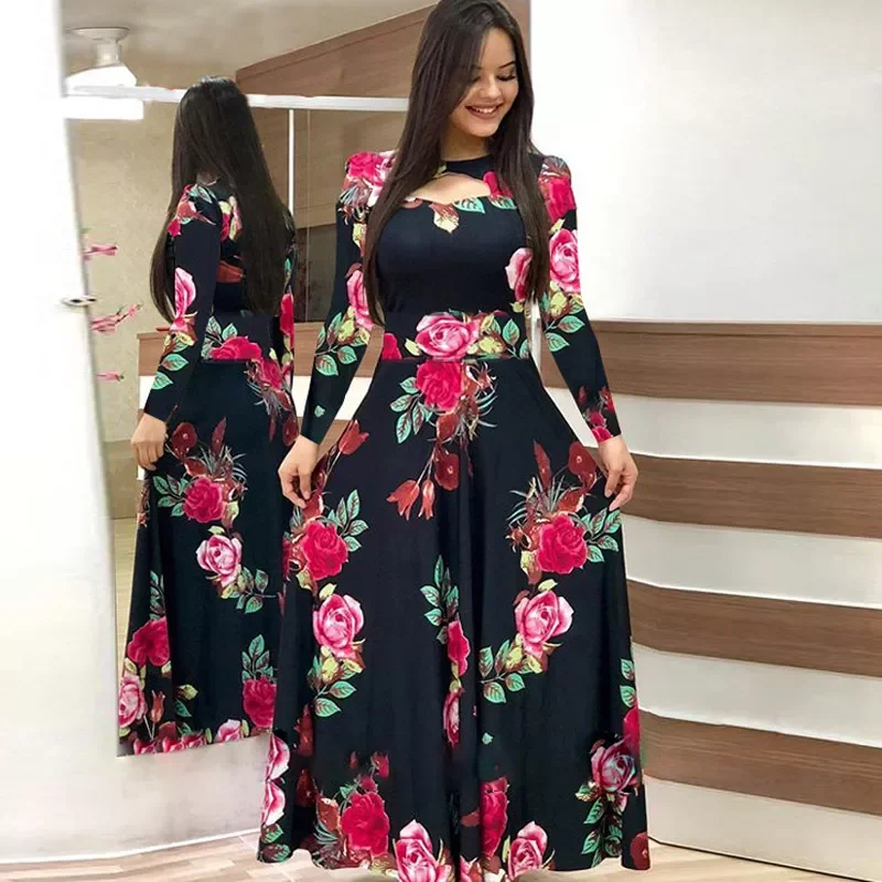 

2022New Size 5XL Elegant Spring Autumn Women Dress Casual Bohmia Flower Print Maxi Dresses Fashion Hollow Out Tunic Vestidos Dre
