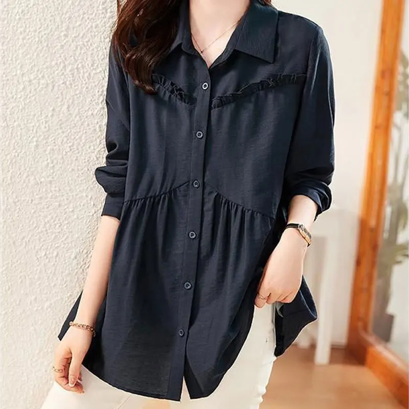 

Stylish Commute Solid Colormidi Shirt Spring Autumn New Spliced Women's Clothing Long Sleeve Lapel Casual Single-breasted Blouse