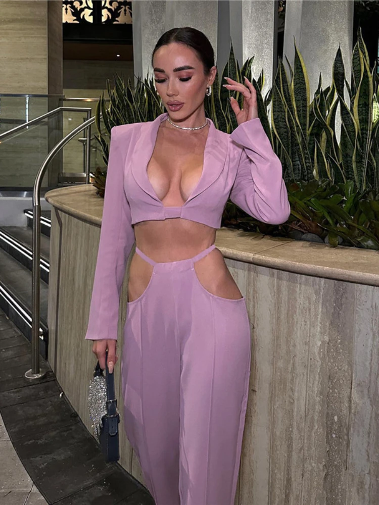 

Сексуальный комплект из 2 предметов Laxsesu, модель 2022 года, зимний блейзер с низким вырезом и длинные брюки с высокой талией, повседневные спор...