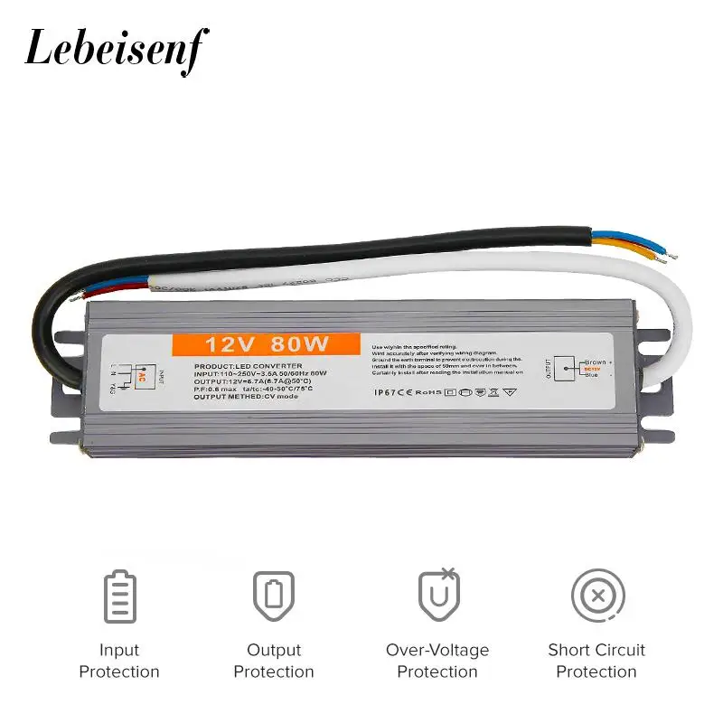 

Lighting Transformer 110-250V AC to DC 12V 80W 6.7A LED Driver Adapter Aluminum Outdoor IP67 Waterproof Switching Power Supply