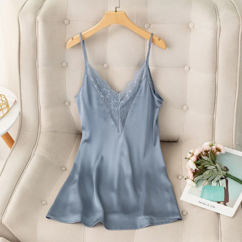 

Sexy Hollow Lace Sleepshirt With Bra Backless Lady Patchwork Nighdress Satin Spaghetti Strap Nightgown Home Dress Loungewear