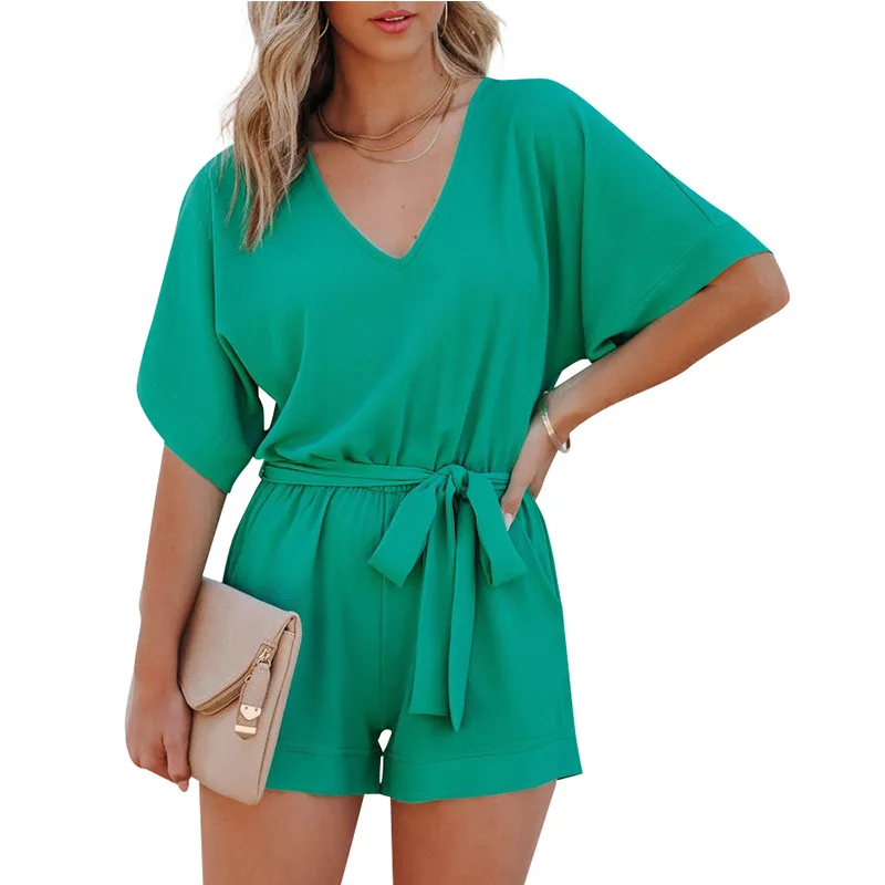

Women's Playsuits 2022 Summer V-neck Short-sleeved Belted and Belted Loose Onesie