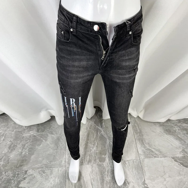 Street Fashion Men Jeans Retro Black Gray Stretch Elastic Slim Fit Ripped Jeans Men Printed Designer Hip Hop Brand Pants Hombre