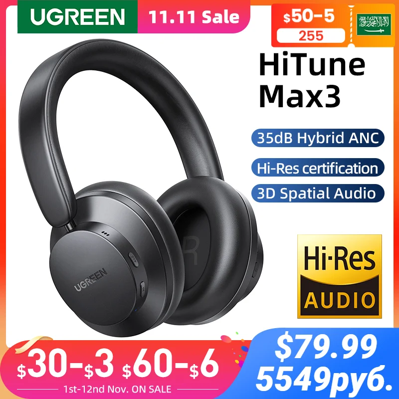 

Гибридные шумоподавляющие наушники UGREEN HiTune Max3, 35 дБ, ANC, беспроводные накладные Bluetooth-наушники, 3D пространственное аудио