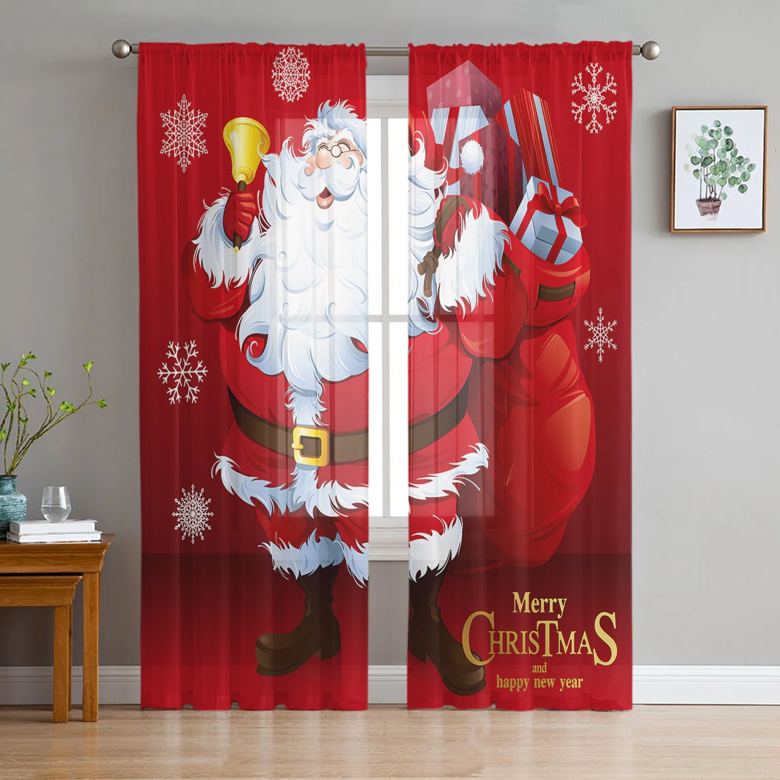 

Merry Christmas Santa Snowflake Living Room Bedroom Transparent Sheer Curtains Holiday Decoration Window Voile Tulle Curtain