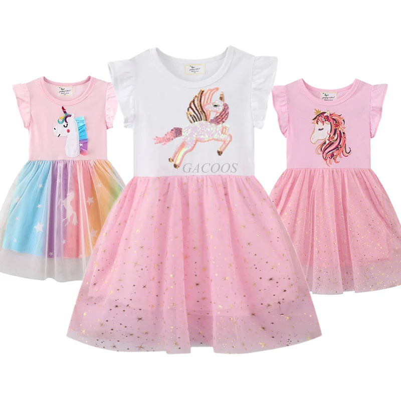 

New Girls Unicorn Summer Dresses Children Sequins Tutu Dress Kids Flare Sleeves Cotton Frocks Baby Girl Princess Mesh Clothes