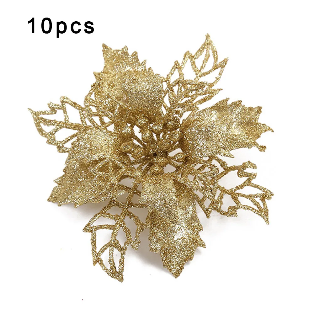 

Hot New Quality Poinsettia Fireplace Hanging Holiday Xmas 10pcs 12cm Christmas Decoration Flower Garland Glitter