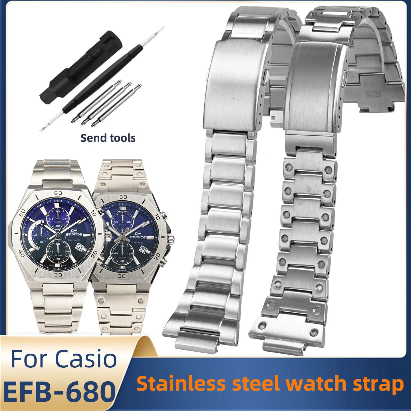 Фото Ремешок для часов из твердой нержавеющей стали для Casio 5579 Edifice EFB-680, мужские часы, сменный браслет с выпуклым интерфейсом №1