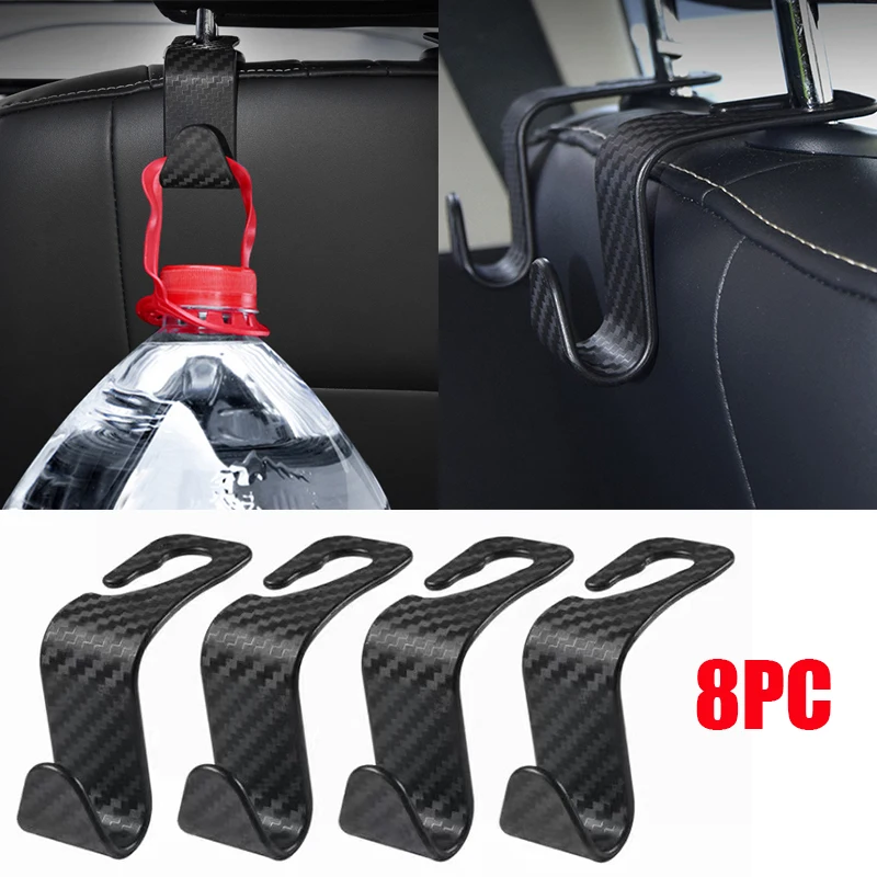 

8Pcs Carbon Fibre Hook Car Seat Headrest Hooks Storage Hanger Universal Car Back Seat Organizer Holder Auto Interior Accessories