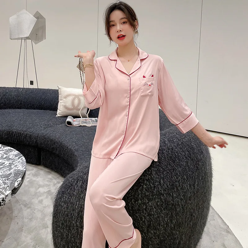 Pajamas women's new imitation silk short-sleeved trousers cat embroidery suit pajama set women
