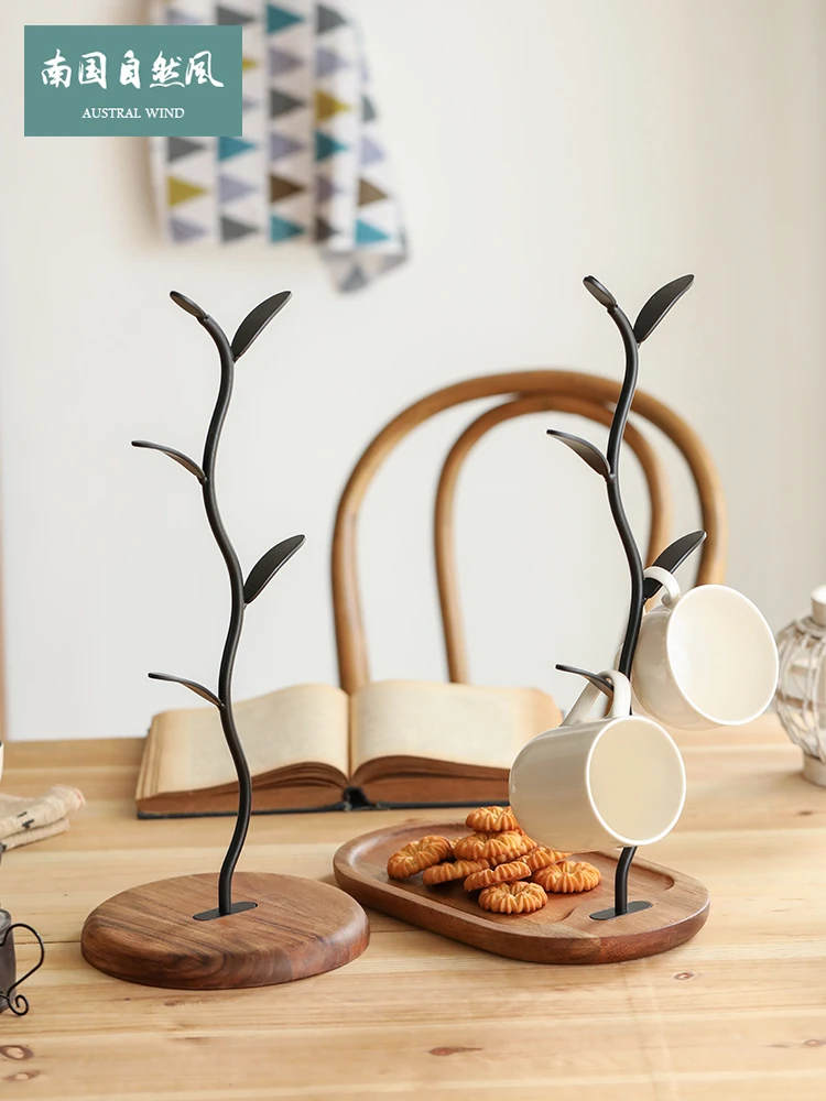 

Water cup kettle rack Household living room coffee tea cup storage rack wooden tray drain hanging cup holder