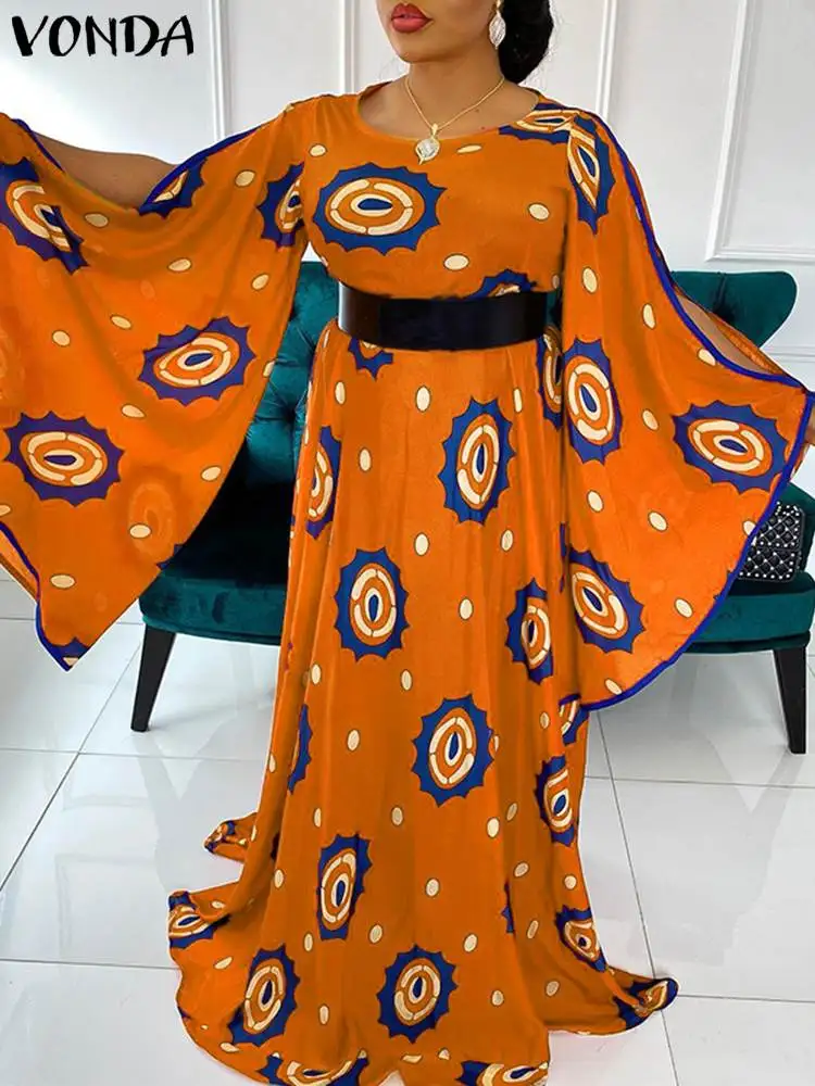 

Bohemian Print Long Dress 2022 VONDA Summer Women Vintage Long Flare Sleeve Casual Party Maxi Sundress Loose Oversized Vestidos