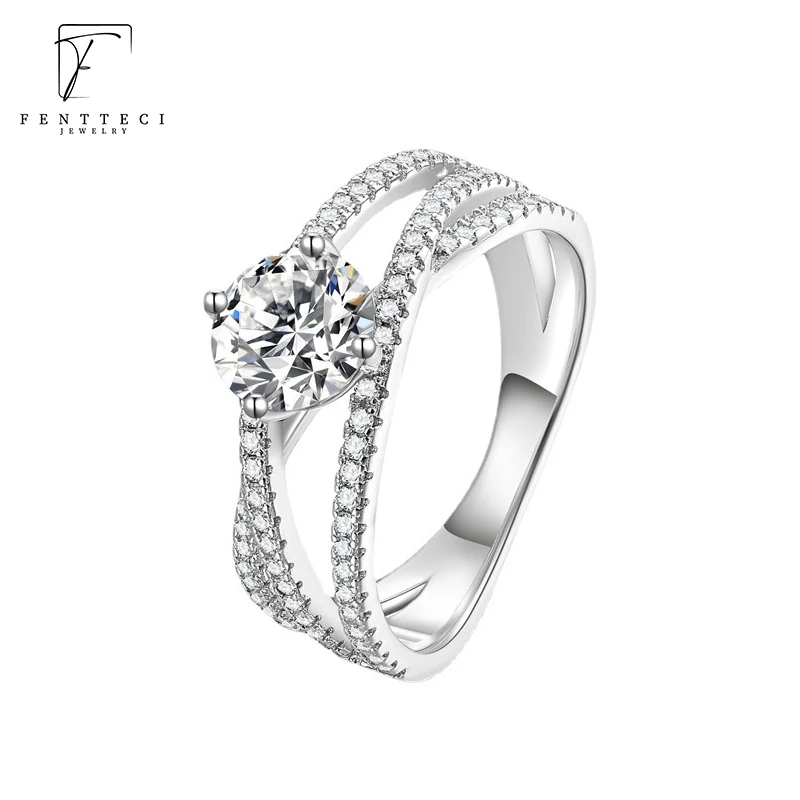 FENTTECI 925 Sterling Silver D Color Moissanite Ring Sansheng III Custom 4 Prongs Luxury 1ct Engagement Diamond Ring Female