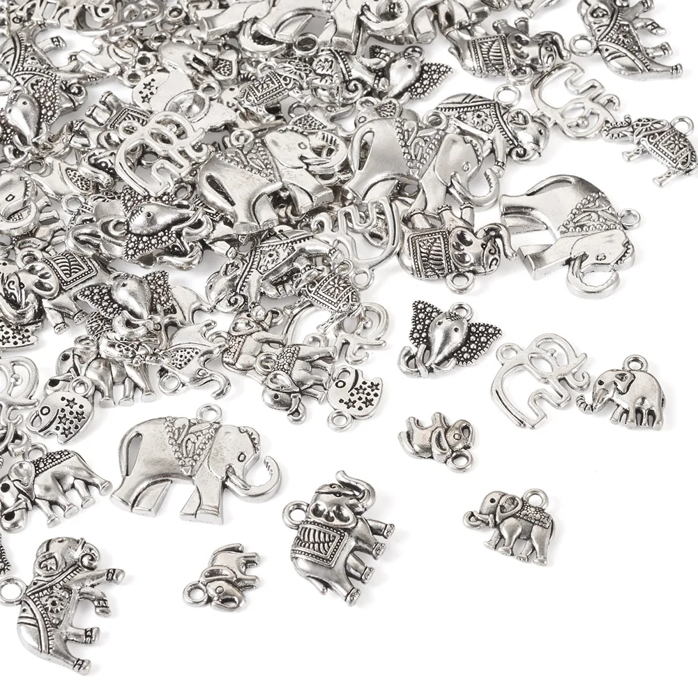

120Pcs Antique Silver Color Tibetan Style Alloy Pendants Elephant Charms for Jewelry Making Necklace Earrings Bracelet Findings