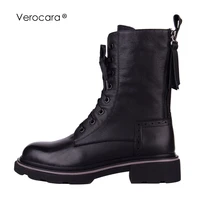 verocara mid calf boots for women round toe black chunky block heel genuine cow skin leather back zippers decos lady booties