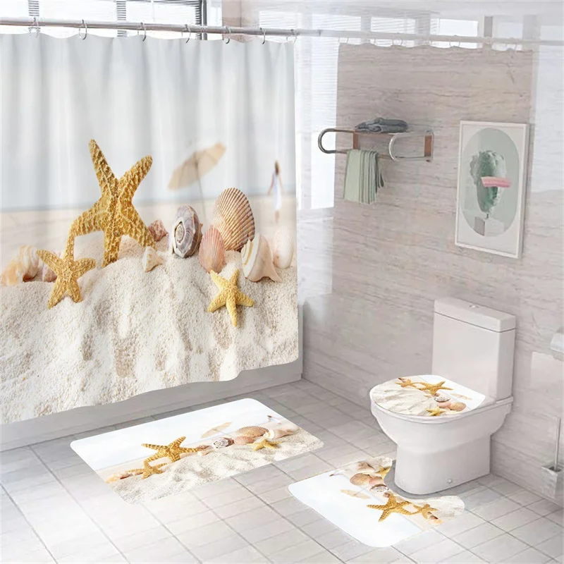 

Занавеска для душа с принтом морской звезды, новая водонепроницаемая дизайнерская шторка из полиэстера, нескользящий ковер, коврик для ванной комнаты