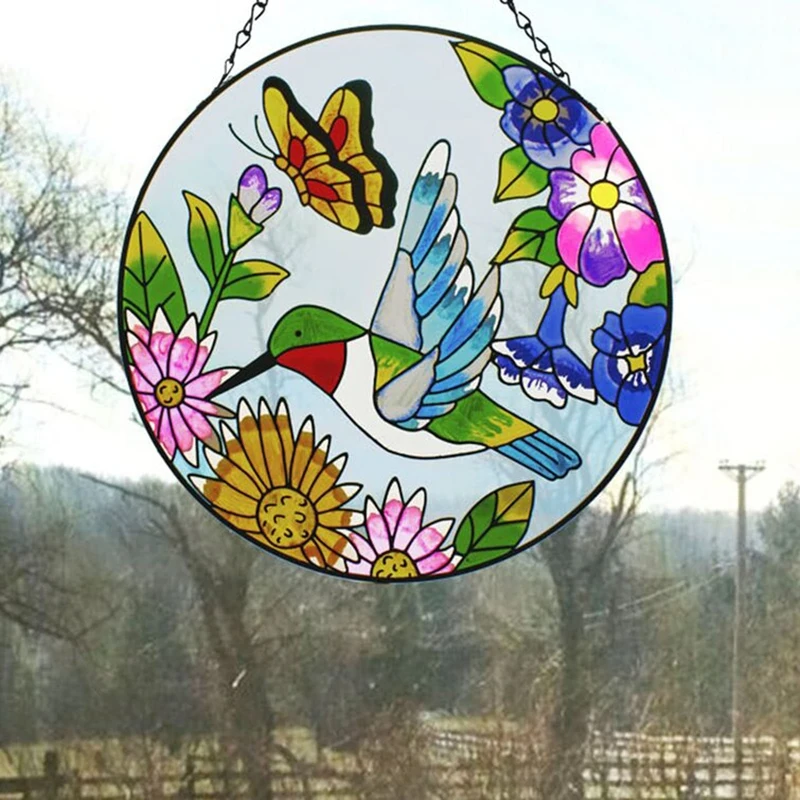 

Bird Flower Window Hanging Ornament Stain Glass Art Colorful Pendant Garden Decor Door Window Decoration