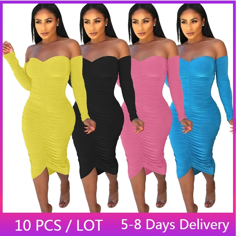 

Крупные партии товаров, оптовая продажа, одежда, женское платье 2022, элегантное облегающее платье с длинным рукавом и рюшами, платье средней длины для ночного клуба