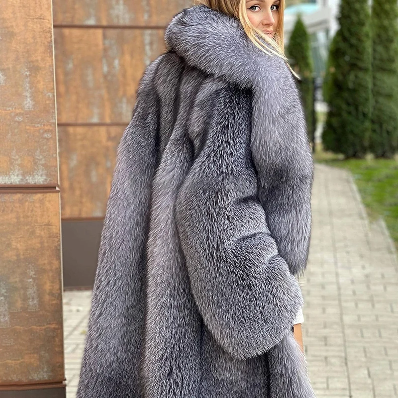 Winter Genuine Sliver Fox Fur Coat Women Luxury Thicken Warm V-neck Long Sleeve Outertwear 2022 New Natural Fox Fur Coat