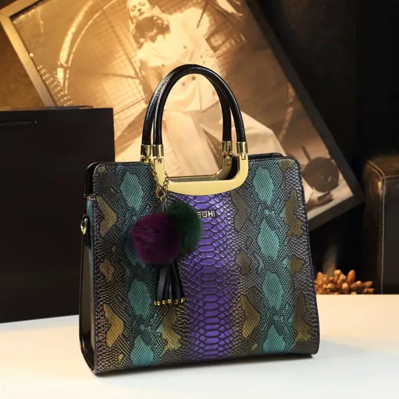 

Luxury Serpentine Genuine Leather Women Handbags Ladies tassel Shoulder Messenger Bags Brand Mom Portable Top Handle Tote Bags