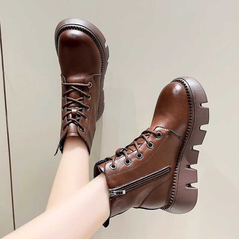 Genuine Leather Platform Ankle Boots Womens New with Zipper Rubber Foam Bottom British Style Comfortable Plus Pile Short Boots