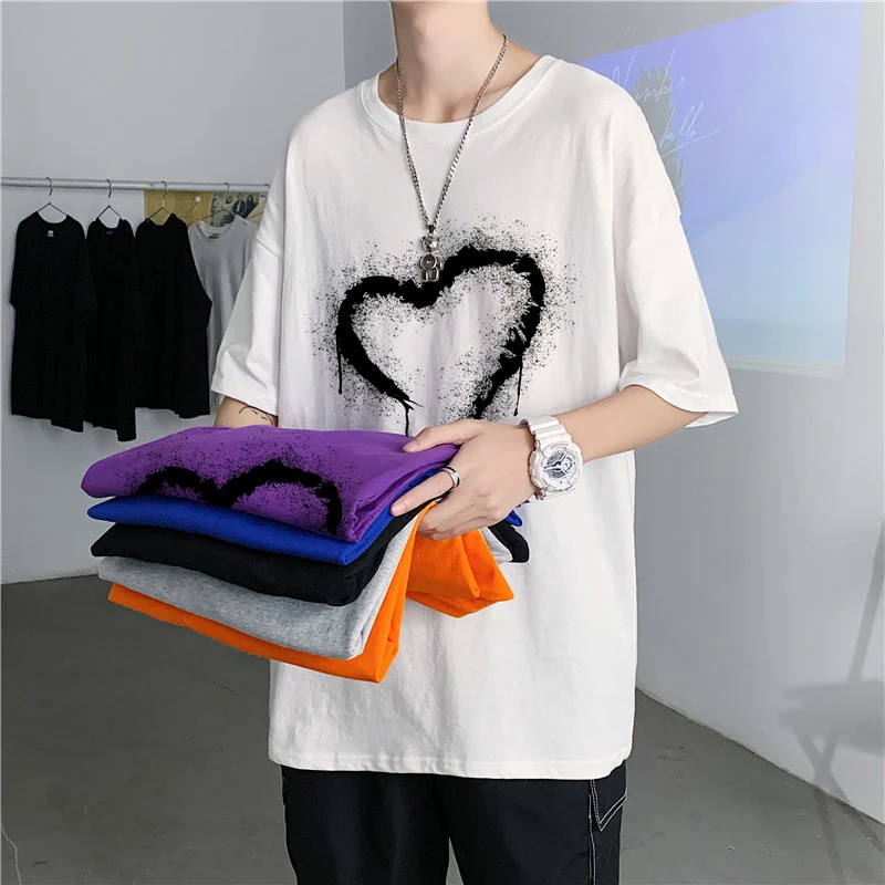 

High Street Personality Heart-shaped Graphic Men Short Sleeve T Shirts 2022 Trend Summer Korean Fashion Harajuku Oversized Tops