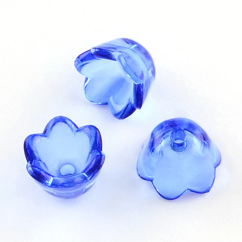 

100PCS Lt.Blue Dyed Transparent Acrylic Flower Beads about 10mm wide 6mm thick hole:1.5mm