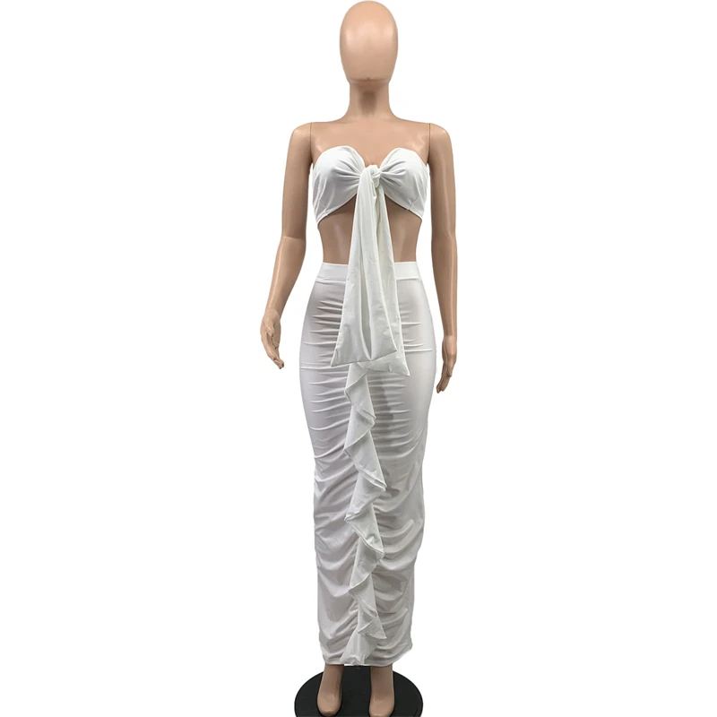 

Summer Two Piece Set Dress Women Sexy Lace Up Strapless Crop Top Ruched Ruffles Bodycon Maxi Skirt Female Beach Outfits