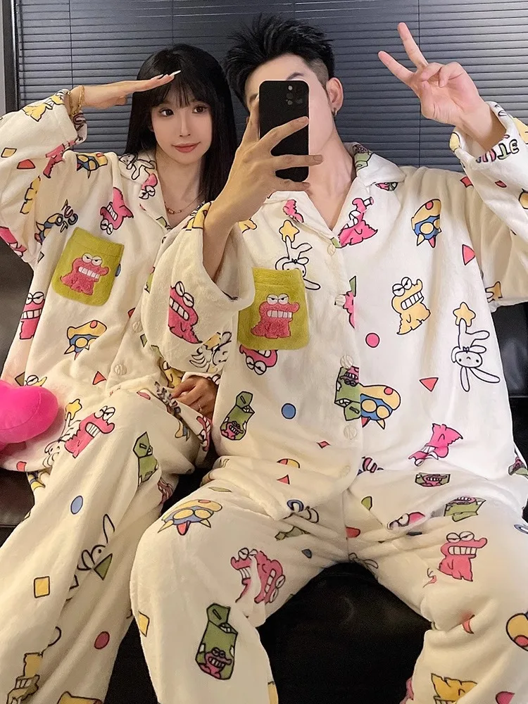 Couple Pajamas Winter Coral Fleece Thickened Fleece-lined Autumn and 2024 New Cute Men's Women Homewear