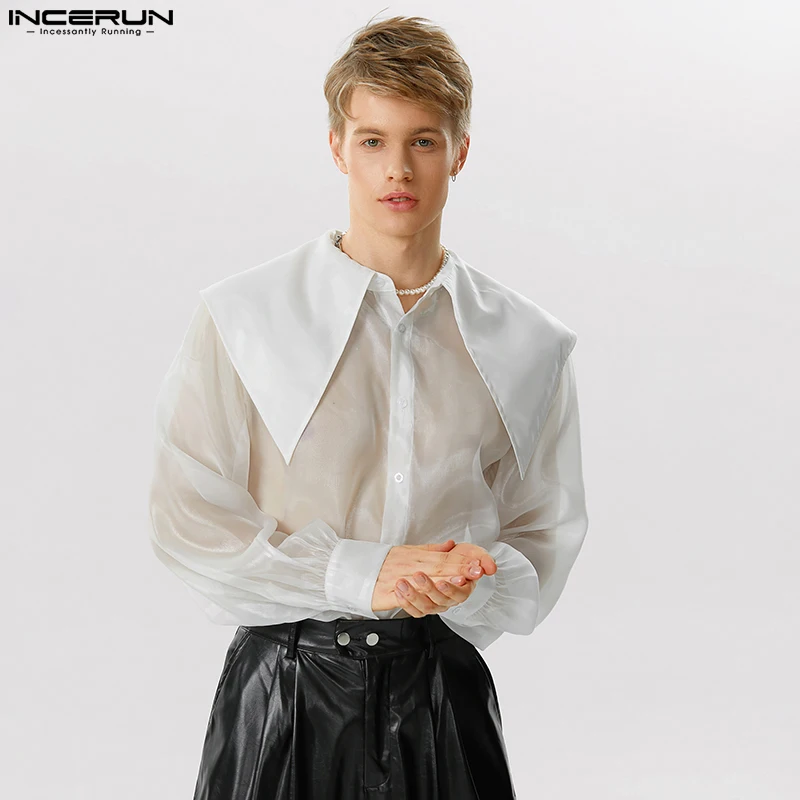 

INCERUN Tops 2023 Palace Style Mens See-through Organza Thin Shirts Fashion Hot Sale Male Long Sleeved Large Lapel Blouse S-5XL