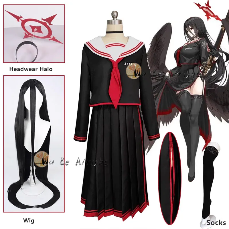 

Game Blue Archive Hanekawa Hasumi Cosplay Costume Halloween Outfits Women JK Uniform Black Red Dress School Unifor Wig Halo Prop