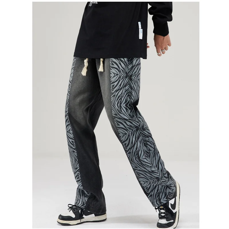 Streetwear Men Patchwork Leopard Print Recreational Jeans Sense of Design Vintage Black Printing Straight Pants Autumn Female