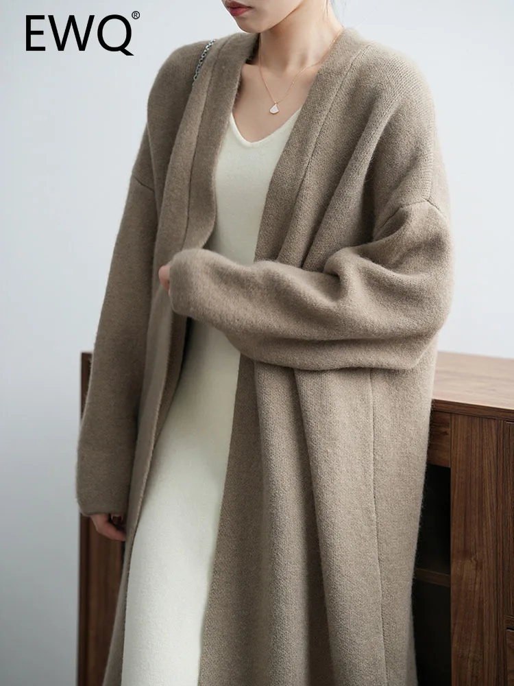 

Простой кардиган EWQ, вязаный длинный свитер для женщин, однотонные женские пальто для офиса, Повседневная Свободная одежда, новинка зимы 2023, 26D6149