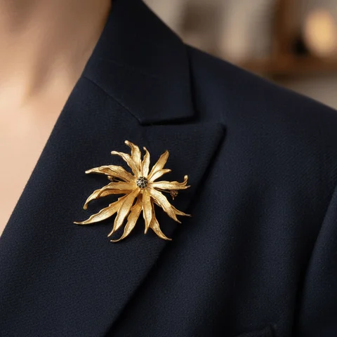 Золотая брошь с хризантемой из цинкового сплава