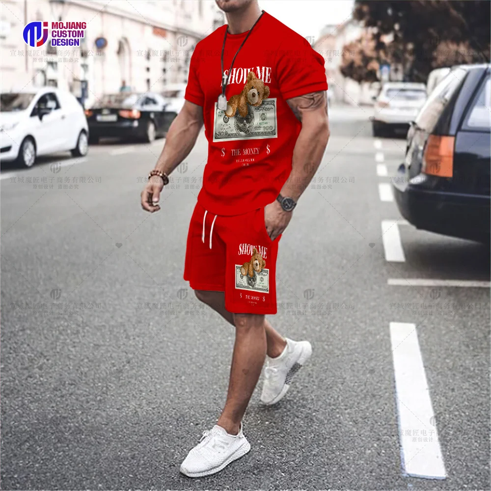 Men's Fun Bear Print T-Shirt Set Fashion Hip Hop Harajuku Short Sleeve Top Casual Oversized O Neck Street Shorts Clothing