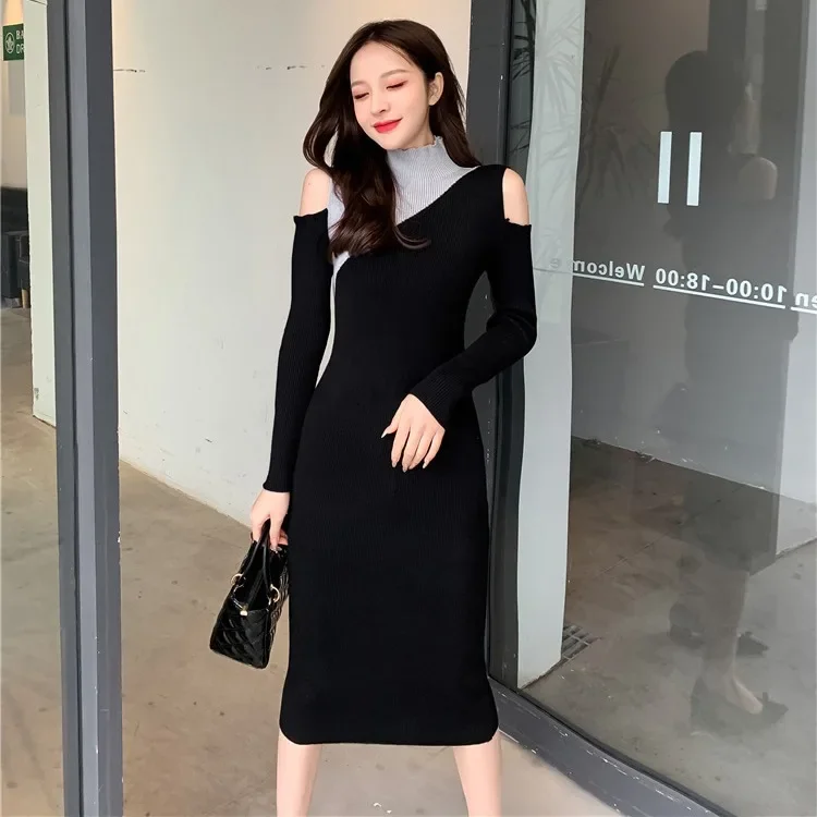 Черно-серое платье с открытыми плечами и длинными рукавами высококачественный