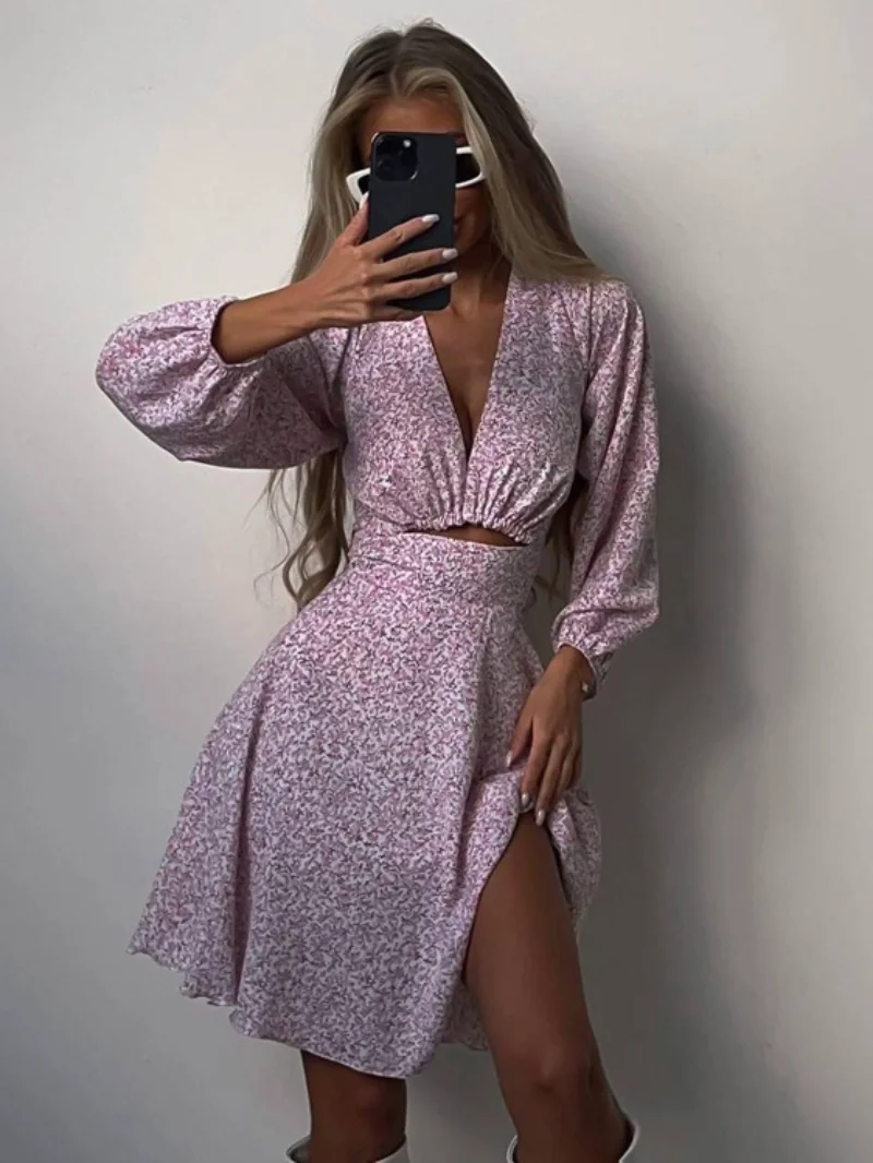 

2023 Summer Women's V-neck Long Sleeve Tunics Dress Streetwear Fashion High Waist Floral Print A-line Short Dresses Streetwear