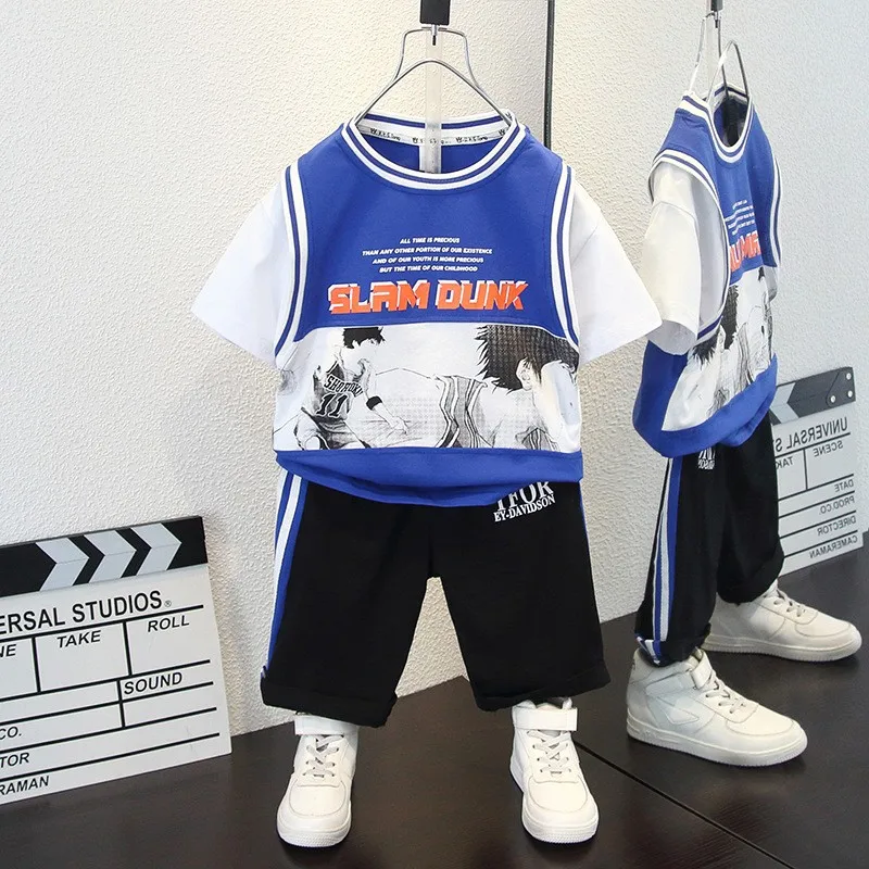 

Спортивная одежда для мальчиков и девочек 2-13 лет, брендовая Спортивная рубашка с короткими рукавами + штаны, комплект детской одежды из 2 пре...