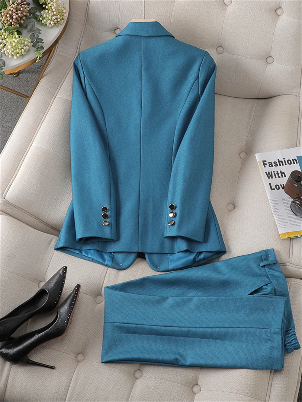 2023 Chic Women 2 Piece Set Purple Blue Jacket Trouser Female Business Work Wear Ladies Formal Blazer and Pant Suit