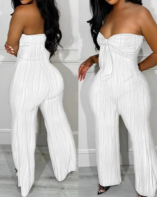 

Jumpsuit Women 2023 Summer New Casual Fashion Bra Sexy Bandeau Tied Detail Cable Textured Long Jumpsuit Y2K Clothing Elegant