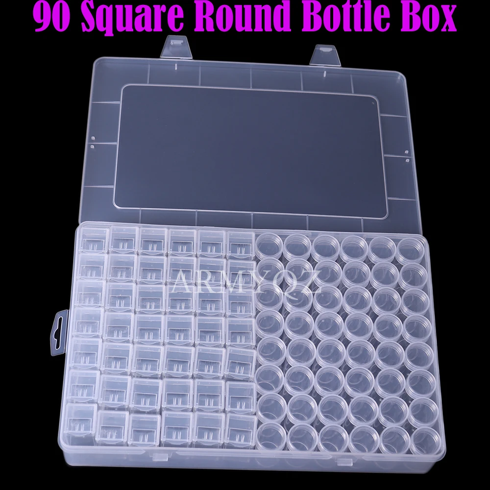 

Квадратная круглая бутылка, 90 квадратов, 5D, «сделай сам», бокс для хранения инструментов и аксессуаров для алмазной живописи, органайзер для ювелирных изделий