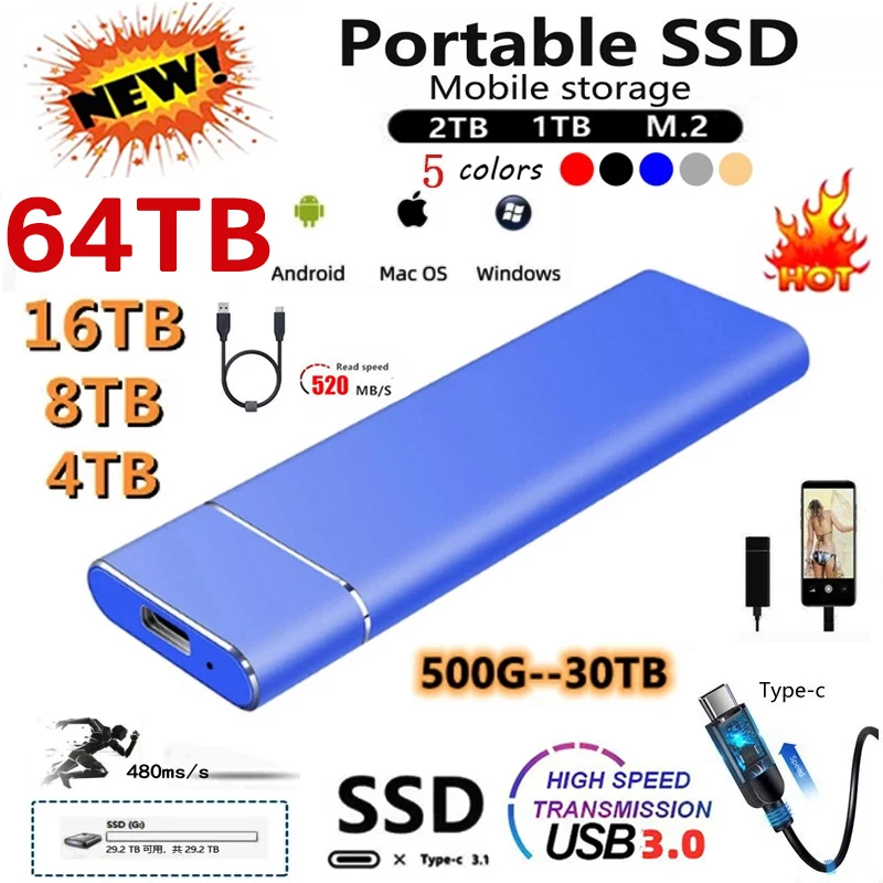 

Portable SSD External 1TB High Speed SSD 500GB 2TB 4TB 8TB Solid Hard Drive USB 3.1 Type-C 16TB Mobile Hard Disks For Laptops