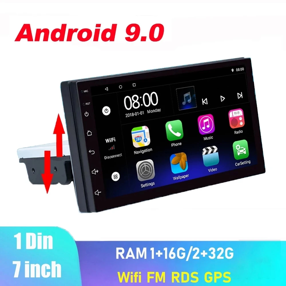 

1 DIN 7 Inch Adjustable Universal Car Stereo Radio Android 9 Touch Screen 1080P FM Quad-Core GPS Navigation Universal autoradio