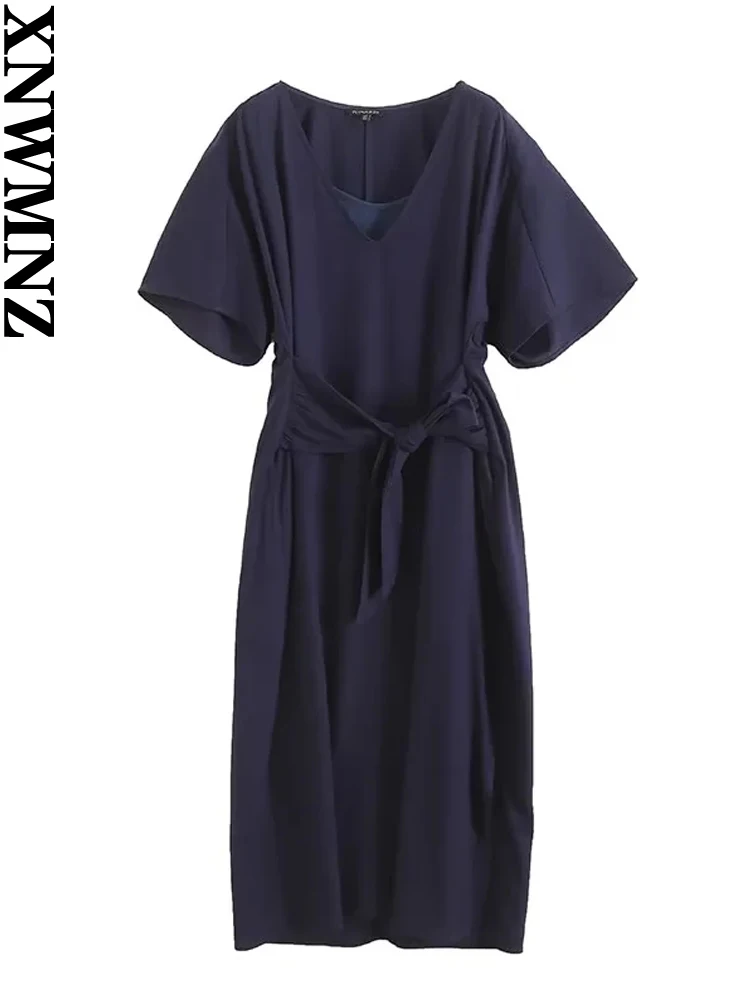 

XNWMNZ Women's Fashion 2023 Linen Blended Simple dress Women Vintage V-neck Short Sleeve Belt Elegant Female Chic Midi Dresses