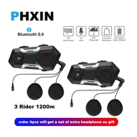 2pcs phxin motorcycle bluetooth intercom bt5 0 interphone 3 rider 1200m motorbikes headset waterproof wireless intercomunicador