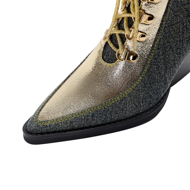 2023 New Pointy Head Color Combination Low Tube Front Strap Wedge High Heels Sexy Big Size Fashion Boots WomanM6130-1